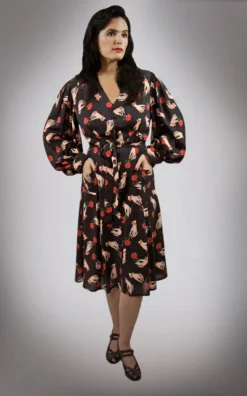 Nicoletta Carlone "Severine" 1940s Style Bishop Sleeved Hands And Roses Print Dress