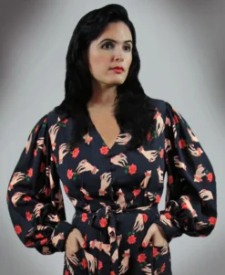 Nicoletta Carlone "Severine" 1940s Style Bishop Sleeved Hands And Roses Print Dress